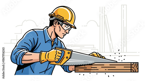 Construction worker sawing wood with safety gear on a building site