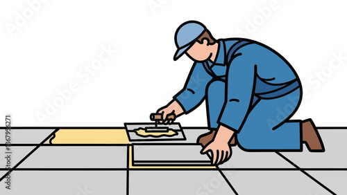Man laying tile on floor with trowel and adhesive