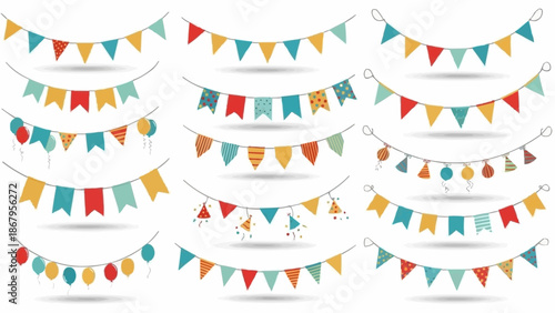 Colorful Bunting Flags and Garlands for Celebration and Decoration.