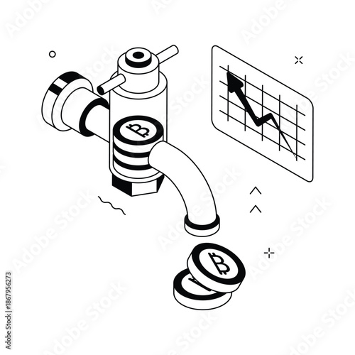 Unique isometric illustration of bitcoin faucet reward system