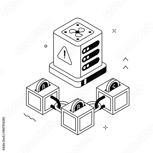 Detailed isometric illustration of decentralized blockchain network system