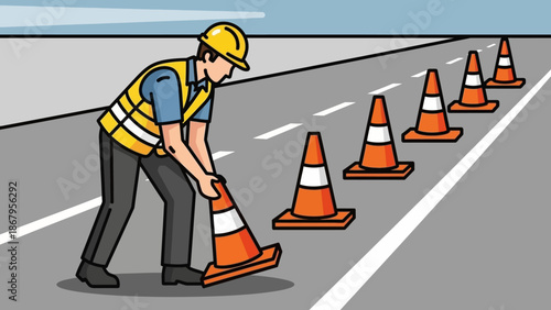 Construction worker setting up road cones on highway