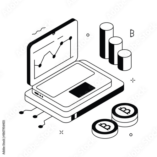 Modern isometric illustration of cryptocurrency trading and analytics