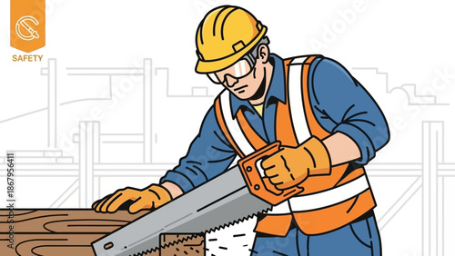 Construction worker safely cutting wood with a chainsaw on site