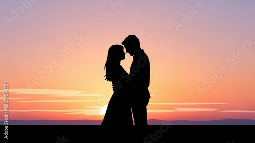 Silhouette of a couple embracing at sunset symbolizing love and romance perfect for wedding invitations or romantic concepts