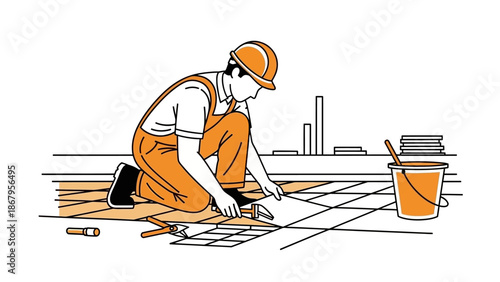 Construction worker laying floor tiles in modern workspace