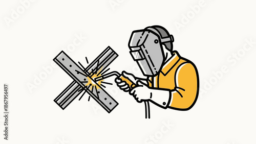 Welder in protective gear working on metal pieces with sparks