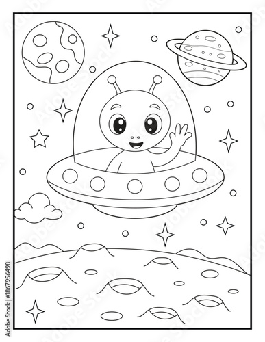 Cute Alien Coloring Page for Kids. Friendly Space Character Flying UFO.  Simple Black and White Line Art Illustration for Children.