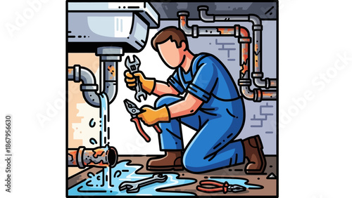 Plumber kneeling while fixing a leaking pipe with a wrench and pliers