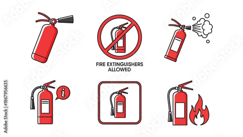 Fire extinguisher vector icons in various styles and situations depicted graphically