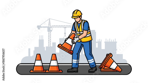Construction worker placing traffic cones on a city street for safety measures daily
