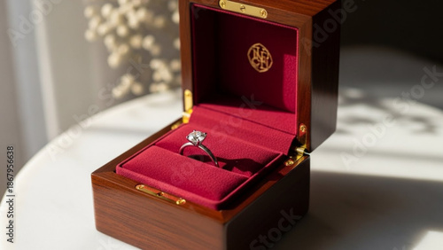 A diamond ring sits in a luxurious wooden jewelry box with red velvet interior