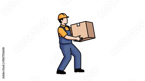Worker in overalls carrying a large cardboard box