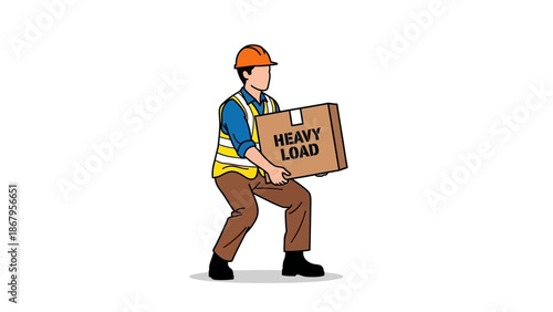 Laborer wearing safety gear lifting heavy load box with both hands carefully
