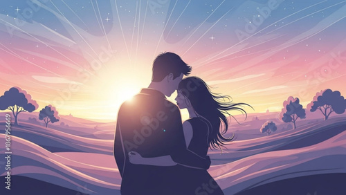 Couple embracing at sunset romantic landscape with rolling hills and trees symbolizing love and togetherness for Valentines Day or anniversary