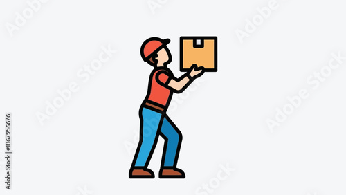 Delivery worker holding a cardboard box in a vector graphic illustration style