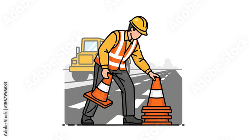 Construction worker in safety gear placing traffic cones on a road site carefully