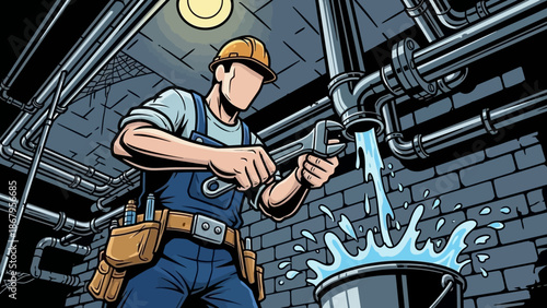 Plumber fixing a leaky pipe with a wrench in an industrial setting quickly
