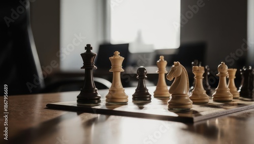 Chessboard with pieces, strategic game, wooden table, indoor setting.