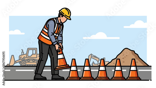 Construction worker placing traffic cone on road for safety