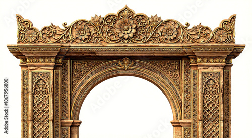 Ornate golden wooden arch with elaborate floral and geometric carvings and a white background isolated on a transparent background