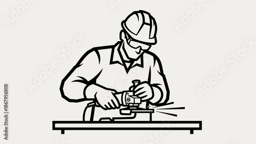 Worker in hard hat using power tool on workbench in workshop setting daily