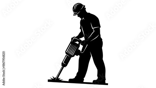 Construction worker operating jackhammer for demolition or excavation work effectively