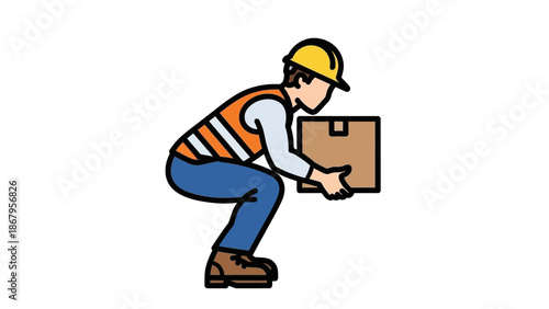 Worker in safety gear lifting a large cardboard box efficiently