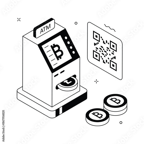 Modern isometric illustration of bitcoin atm and crypto cash