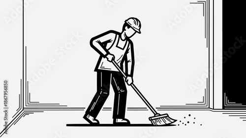 Man in a hard hat sweeping the floor with a broom effectively