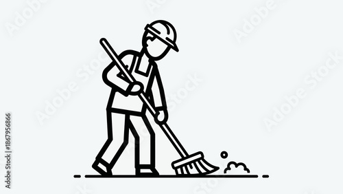 Vector illustration of a worker sweeping the floor with a broom and dustpan