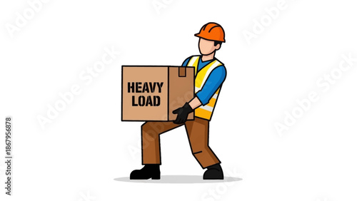 Worker in safety gear carrying a heavy load box with both hands carefully