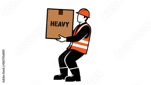 Man in safety gear lifting a large heavy box with both hands carefully