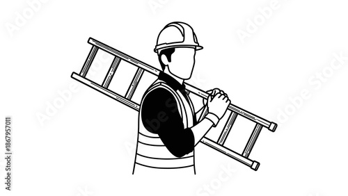 Worker in hard hat carrying a ladder on his shoulder for construction work