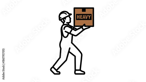 Man wearing a hard hat carrying a heavy box labeled heavy carefully outside