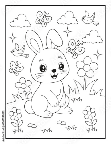 Smiling Rabbit in Flower Garden with Butterflies Simple Black and White Line Art Illustration for Kids and Adults. Bold and Easy Coloring Page