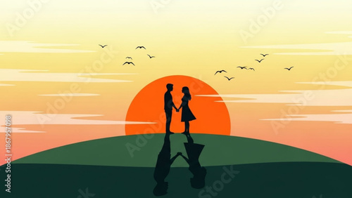 Couple holding hands silhouetted against a vibrant sunset symbolizing romance and togetherness on a hill perfect for love and relationship themes
