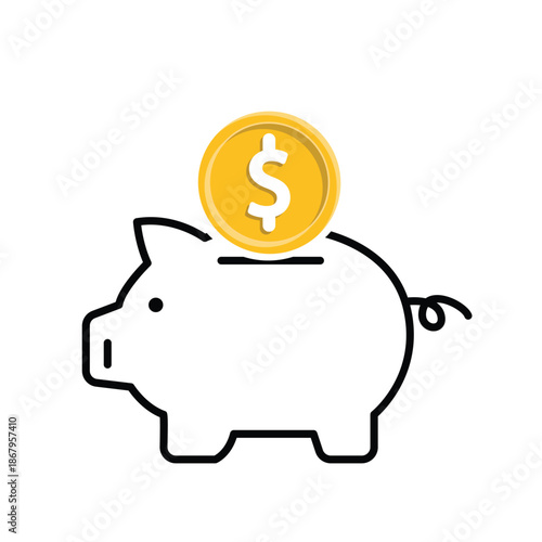 saving money icon. dollar coins go into piggy bank. economics, business, accounting. mixed design style