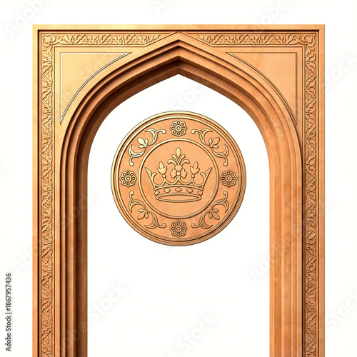 Ornate wooden arch with a circular emblem featuring a crown and floral motifs in golden tones isolated on a transparent background
