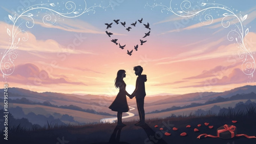 Couple holding hands at sunset with birds forming a heart shape above symbolizing love and romance perfect for Valentines Day or wedding themes
