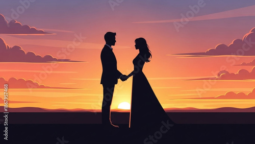 Silhouette of a bride and groom holding hands against a vibrant sunset sky symbolizing love and marriage perfect for wedding invitations and romantic themes
