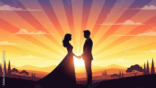 Silhouette couple holding hands at sunset romantic landscape illustration for wedding or love concepts vibrant sky with sun rays