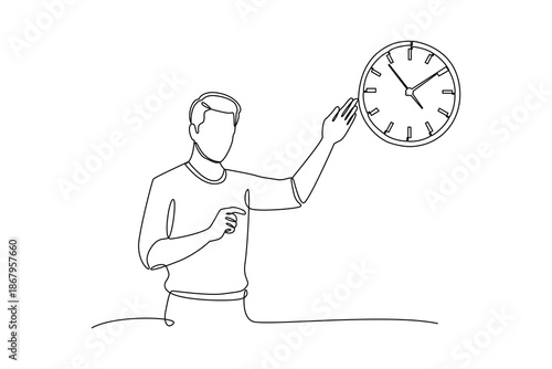 Man presenting time concept. Time Management concept. Single line draw design. Vector graphic illustration