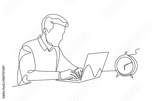 Man typing with alarm clock nearby. Time Management concept. Single line draw design. Vector graphic illustration