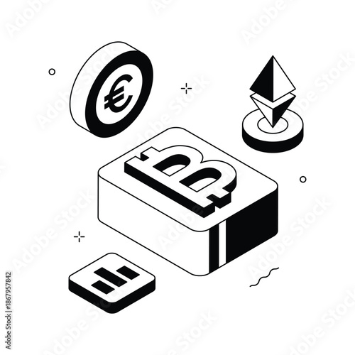 Well designed isometric illustration of crypto marketplace