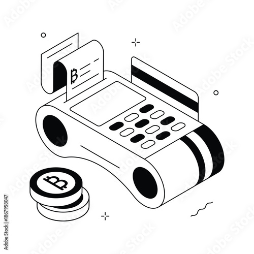 Modern isometric illustration of bitcoin pos payment, ready to use