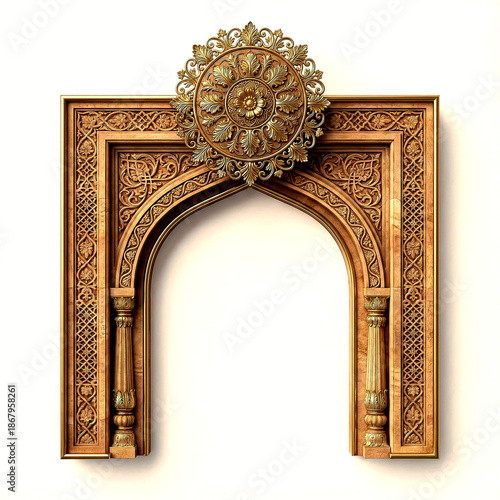 Decorative mirror frame with a peacock motif and intricate floral patterns in gold and blue tones isolated on a transparent background