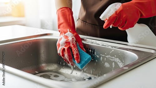 Person in red gloves cleaning a stainless steel kitchen sink with a blue sponge and spray bottle.