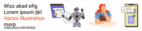Digital tools, artificial intelligence, financial transactions, technology interaction, communication dynamics, and automation. ions of invoicing, a robot a person and a smartphone. Highlighting