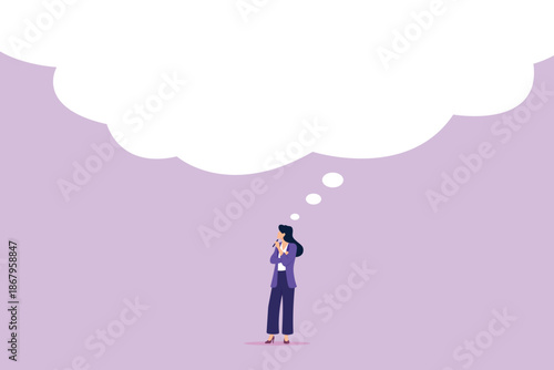 Businesswoman thinking with thought bubble in sky, text placeholder, editable text infographic for business planning, woman ambition to success, lady dream big, creative ideas vector illustration